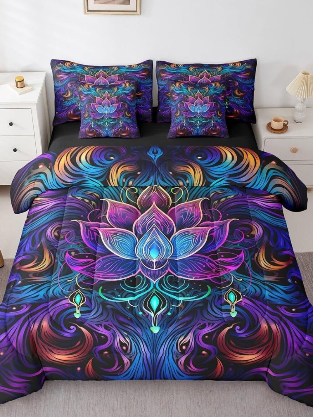 Lotus Comforter Set, Purple Boho Paisley Bedding Queen
